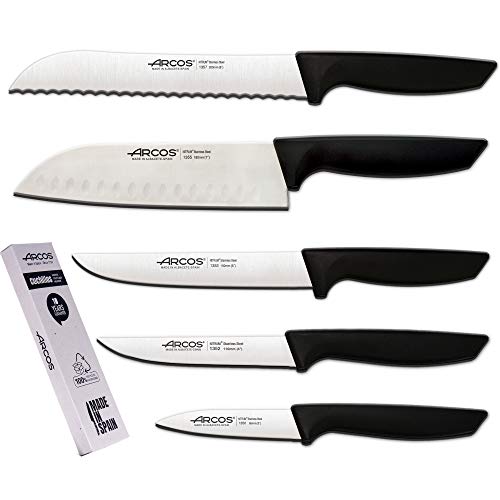 Arcos Professionelles Küchenmesser-Set | Professionelle Küchenmesser | Edelstahlmesser mit schwarzem Griff | Küchenutensilien | Japanisches Santoku Messer | Spülmaschine (5 Stück) von Arcos