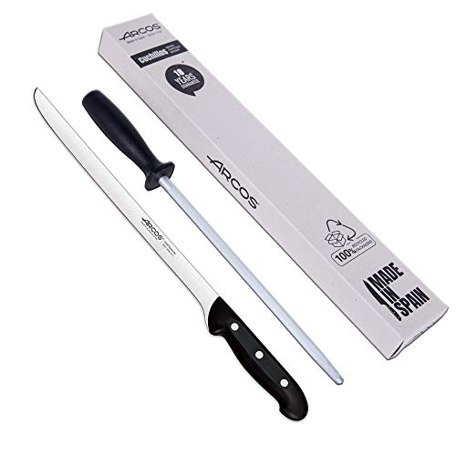 Arcos | Schinkenmesser Set Chaira | 2 Stück | Schinkenmesser Set 275 mm + Messerschärfer Typ Chaira 230 mm | Professioneller Schinkenhalter | umweltfreundliche Verpackung | Maitre von Arcos