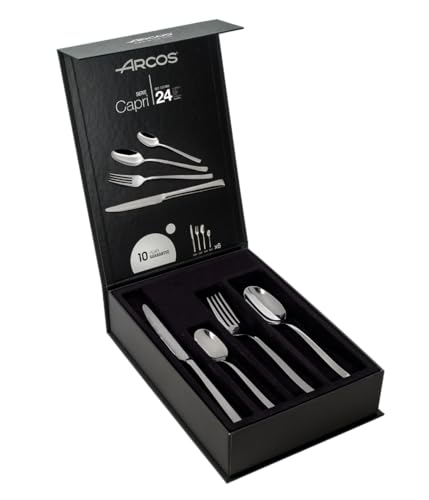 Arcos Serie Capri - Geschenkbox Besteck-Set 24 Stück (6 Messer + 12 Löffel + 6 Gabel) - Monoblock aus einem Stück Edelstahl Farbe Silber von Arcos