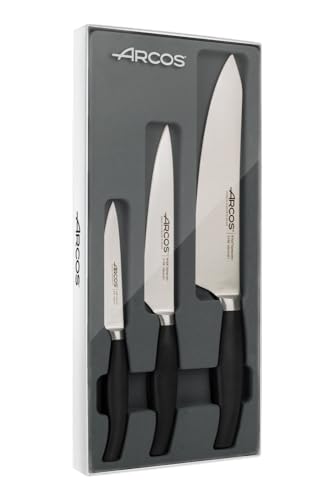 Arcos Serie Clara - Küchenmesser-Set 3 Stück (Schälmesser + Küchenmesser + Kochmesser) - Geschmiedeter Edelstahl NITRUM - Griff aus eingespritztem Polypropylen - Farbe Schwarz von Arcos
