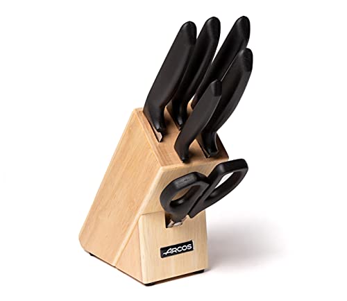 ARCOS Küchenmesser-Set aus Edelstahl - 6-teilig mit Block, 5 Chefmesser und 1 Schere - Ergonomischer Griff aus Polypropylen, Ideal für Fleisch, Fisch und Gemüse schneiden - Schwarz, Serie Niza von Arcos