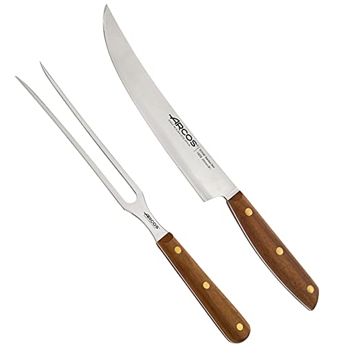 Arcos Serie Nordika - Set 2 Grillutensilien (Grillmesser + Schnitzgabel) - Edelstahl NITRUM - Ovengkol Holzgriff 100% natürlicher FSC - 100% recycelte Verpackung - Farbe Braun von Arcos