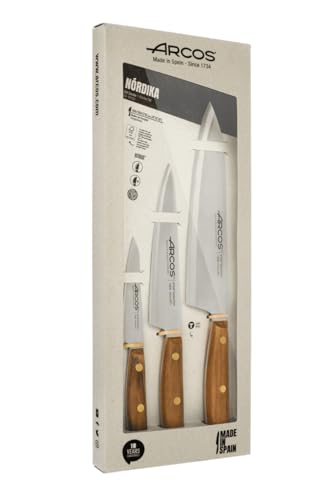 Arcos Serie Nordika - Set 3 Küchenmesser (Schälmesser + Küchenmesser + Kochmesser) - Edelstahl NITRUM - Ovengkol Holzgriff 100% natürlicher FSC - 100% recycelte Verpackung - Farbe Braun von Arcos