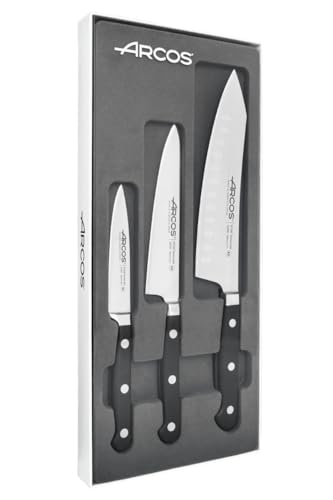 Arcos Serie Opera - Küchenmesser-Set 3 Stück (Schälmesser + Kochmesser + Rocking Santoku Messer) - Geschmiedeter Edelstahl NITRUM - HandGriff POM - Schwarze Farbe von Arcos