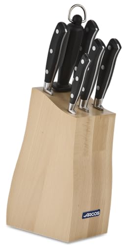 Arcos Serie Riviera - Geschenkbox Küchenmesser-Set 6 Stück (5 Messer + 1 Wetzstahl) - Klinge aus Nitrum geschmiedetem Edelstahl - HandGriff Polyoxymethilen (POM) - Buchenholzblock von Arcos