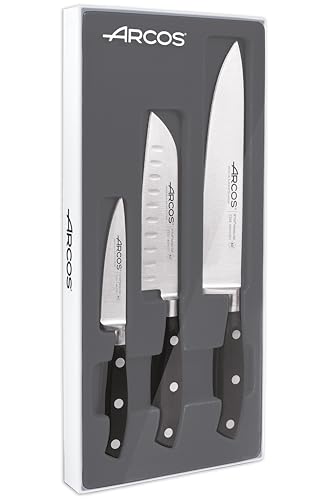 Arcos Serie Riviera - Küchenmesser Set 3 Stück (1 Schälmesser + 1 Santoku + 1 Kochmesser) - Klinge aus Nitrum geschmiedetem Edelstahl - HandGriff Polyoxymethylen (POM) Farbe Schwarz von Arcos