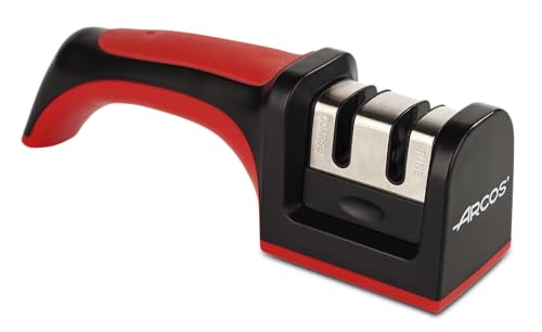 ARCOS Professioneller Messerschärfer mit Ergonomischem Griff für Manuelle Verwendung - Keramik- und Kohlenstoffrollen - Rot und Schwarz von Arcos