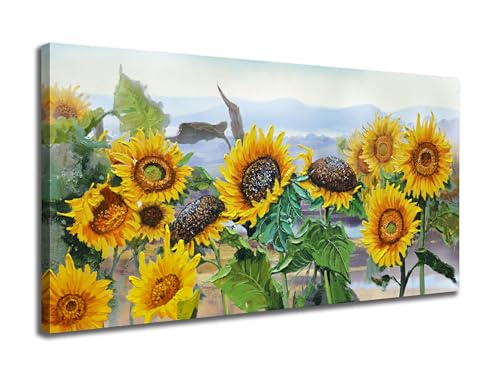 Ardemy Sonnenblumen-Wandkunst, Leinwand, Blumen, gelbes Bild, rustikales Blumenfeld, Landschaftsmalerei, Landschaft, groß, gerahmt, Kunstwerk für Wohnzimmer, Schlafzimmer, Badezimmer, Esszimmer, Büro, von Ardemy