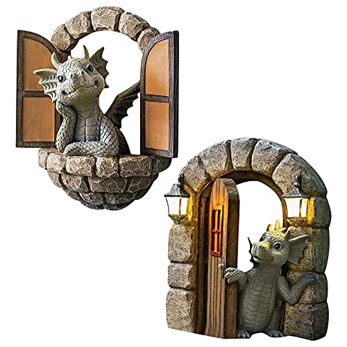 Ardorman Drachenskulptur Hauswand Fenster Garten, Gartenfigur Drachen - Drachen Öffnen Der Tür, Drachen Deko Figuren Für Garten, Balkon Oder Outdoor von Ardorman