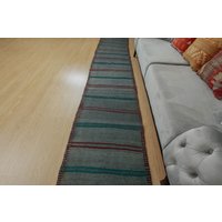 2'6" X 12'10" Langer Läufer Bauern Teppich, Einfaches Muster Grau Rot Blau Hanf Kelim Schlafzimmer Teppich , Flach Gewebter 2107162987 von AreaRugStore