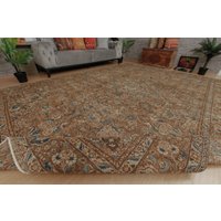 9X13 Wohndeko-Teppich, Braun-Beiger Blumenteppich, Handgefertigter Teppich, 8'11" X 12'7" Wollteppich, 2212196093 von AreaRugStore