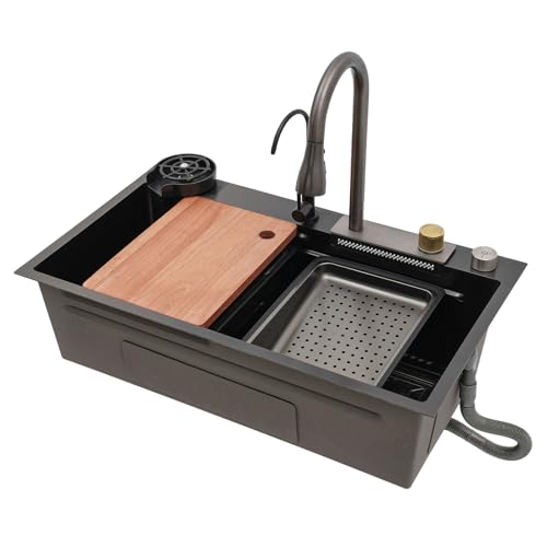 Spülbecken Küche aus Edelstahl, Spüle Einbauspüle, multifunktionale Küchenspüle mit Geschirrspüler und ausziehbarem Wasserhahn für Bars und Restaurants (Schwarz) von Areao