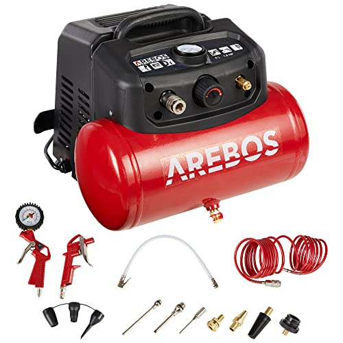 Arebos 6L Druckluftkompressor Kompressor 1200W | inkl. 13-tlg. Druckluft-Werkzeug-Set | Abschaltautomatik | Extra langer Luftschlauch | ölfrei | Luftkompressor 8 bar von Arebos