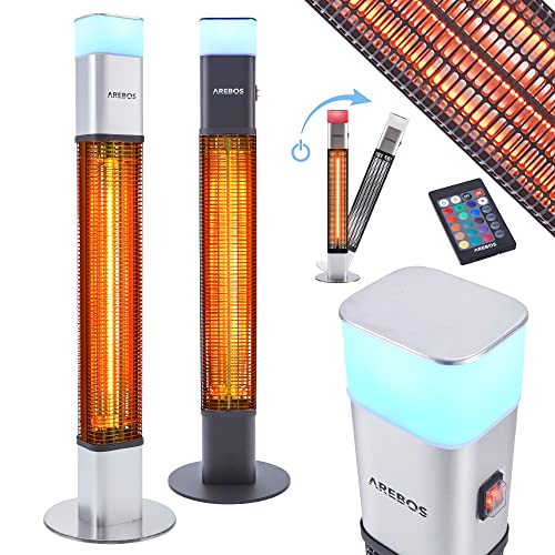 Arebos 1500 Watt Stand Heizstrahler Silber | inkl.16 Farben LED-Licht mit Fernbedienung | Kohlenstoff Infrarotstrahler für Außenbereich | Terrassenstrahler von Arebos
