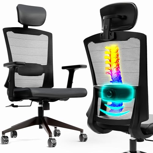 Arebos Bürostuhl Ergonomisch, Schreibtischstuhl mit Verstellbarer Kopfstütze, Armlehnen, Lendenwirbelstütze, Drehstuhl Wippfunktion, Chefsessel aus Mesh,Rückenschonend, Bürostuhl 136kg von Arebos