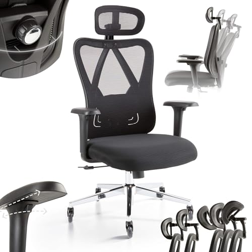 Arebos Bürostuhl Ergonomisch, Schreibtischstuhl mit Verstellbarer Kopfstütze 3D, Armlehnen 3D, Lendenwirbelstütze 2D, Drehstuhl Wippfunktion, Chefsessel aus Mesh,Rückenschonend, Bürostuhl 136kg von Arebos