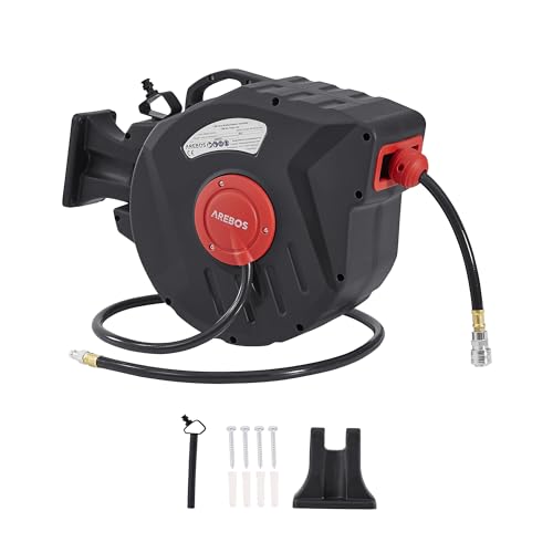 Arebos Druckluftschlauch Aufroller | Automatik Schlauch Aufroller | Wandhalterung | 1/4 Zoll Schnellkupplung | UV-beständig | 180° Schwenkbar | inkl. Montagehalter | 15 m von Arebos