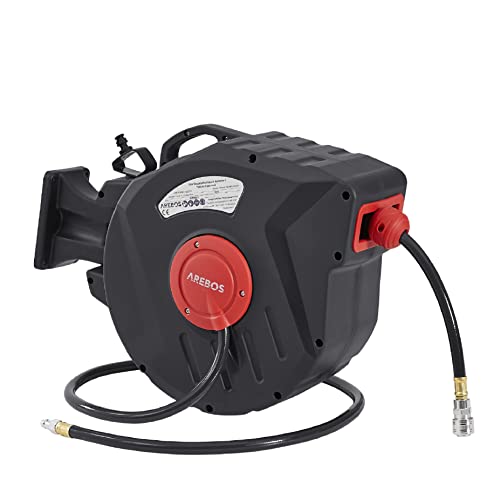 Arebos Druckluftschlauch Aufroller | Automatik Schlauch Aufroller | Wandhalterung | 1/4 Zoll Schnellkupplung | UV-beständig | 180° Schwenkbar | inkl. Montagehalter | 20 m von Arebos