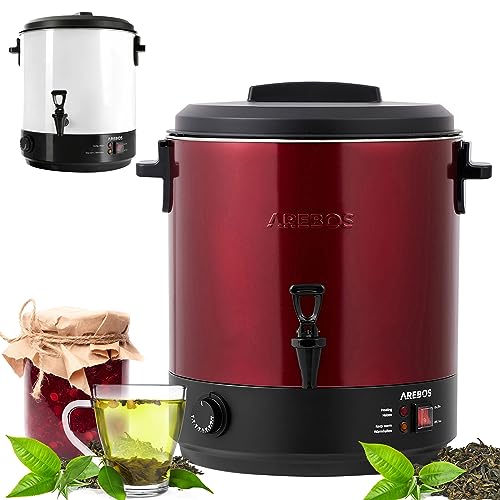 Arebos Einkochautomat 2500 W | Einkochtopf 28 L | mit Thermostat & Überhitzungsschutz | stufenlose Temperatureinstellung 30-110°C | Glühweinkocher | inkl. Einmachglasheber & Einmachtrichter | Rot von Arebos