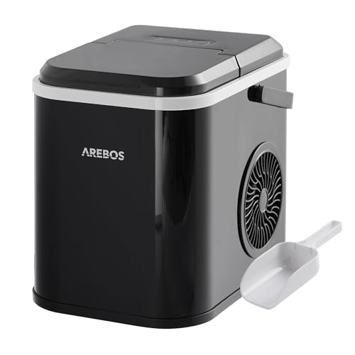 Arebos Eiswürfelmaschine | Ice Cube Maker | 12 kg / 24 h | 10-15 Minuten Produktionszeit | 1,1 Liter Wassertank | Eiswürfelbereiter | Leise | Selbstreinigungsfunktion | Schwarz von Arebos