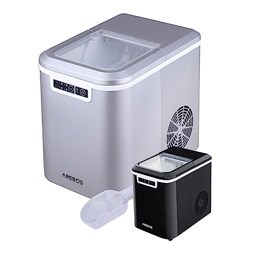 Arebos Eiswürfelmaschine | Ice Cube Maker | 12 kg / 24 h | 10-15 Minuten Produktionszeit | 2 Eiswürfel-Größen | 2,2 Liter Wassertank | Eiswürfelbereiter | Leise | Selbstreinigungsfunktion | Silber von Arebos