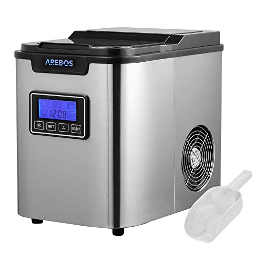 Arebos Eiswürfelmaschine | Ice Cube Maker | 12 kg / 24 h | 10-15 Minuten Produktionszeit | 3 Eiswürfel-Größen | 2,2 L Wassertank | Eiswürfelbereiter | Timer & LCD Display | Selbstreinigungsfunktion von Arebos