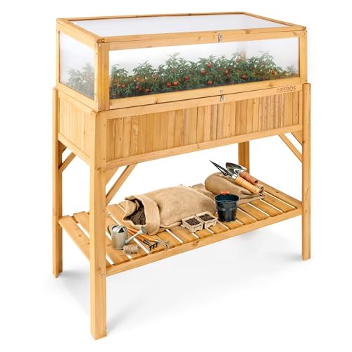 Arebos Hochbeet aus Holz mit Frühbeet-Aufsatz und Ablagefach | für Garten, Balkon und Terrasse | Innenleben mit Schutzvlies ausgestattet | 119 x 53 x 124 cm | Pflanzkasten & Blumenkasten | Pflanzbeet von Arebos