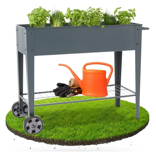 Arebos Hochbeet mit Rädern und Ablage 108 x 51 x 80 cm | Frühbeet Kräuterbeet Blumenkasten Garten Terassen Gemüsebeet Gartenbeet Blumenkübel für Balkon | ideal für den Anbau von Gemüse Obst Kräutern von Arebos