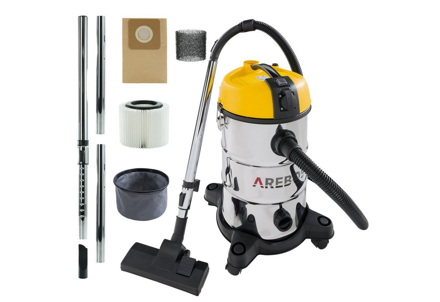 Arebos Industriesauger 5in1, Nass-& Trockensauger, 1300W, 30 L, 1300 W, Verwendbar als Trockensauger mit Beutel und Filter sowie als beutelloser Wassersauger mit praktischem Wasserablass für schnelle Entleerung, 360° Rollen für optimale Rangierbarkeit von Arebos