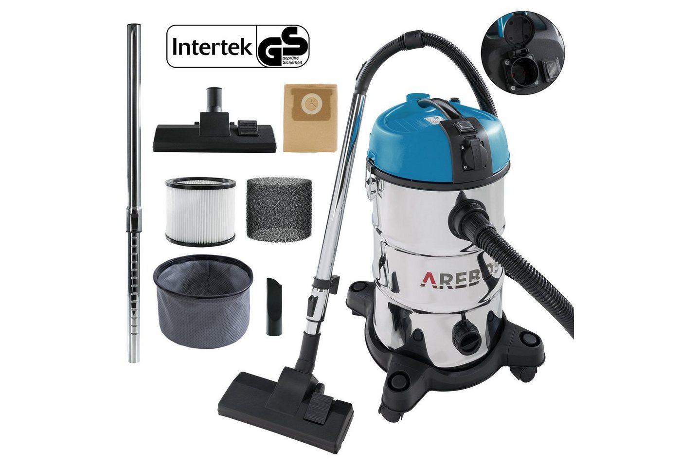 Arebos Industriesauger 5in1, Nass-& Trockensauger, 1300W, 30 L, 1300 W, Verwendbar als Trockensauger mit Beutel und Filter sowie als beutelloser Wassersauger mit praktischem Wasserablass für schnelle Entleerung, 360° Rollen für optimale Rangierbarkeit von Arebos