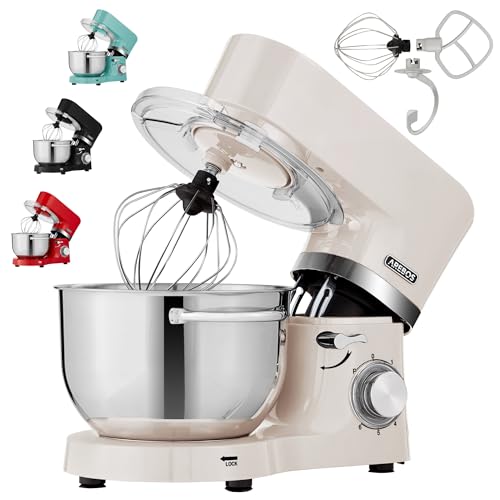 Arebos Küchenmaschine 1500W Creme | Knetmaschine mit 2x Edelstahl-Rührschüsseln 4,5 & 5,5L | Geräuscharm | Küchenmixer mit Rührhaken, Knethaken, Schlagbesen und Spritzschutz | 6 Geschwindigkeiten von Arebos