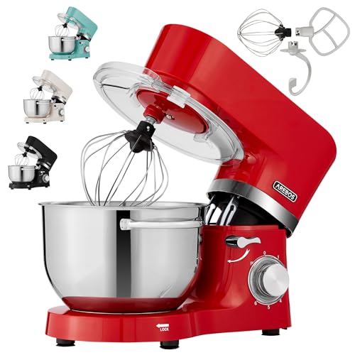Arebos Küchenmaschine 1500W Rot | Knetmaschine mit 2x Edelstahl-Rührschüsseln 4,5 & 5,5L | Geräuscharm | Küchenmixer mit Rührhaken, Knethaken, Schlagbesen und Spritzschutz | 6 Geschwindigkeiten von Arebos