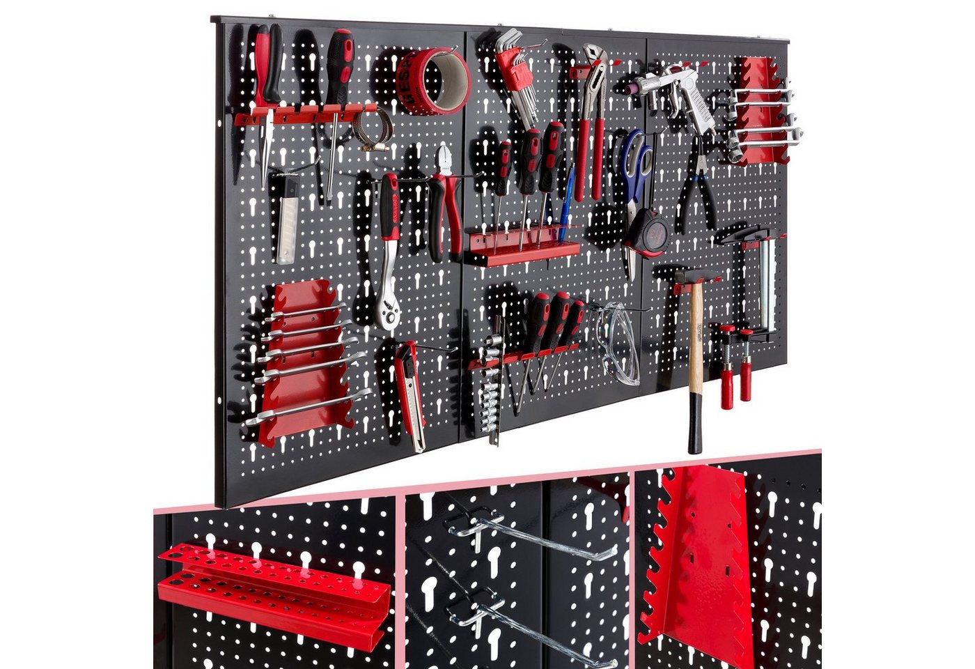 Arebos Lochwand Werkzeugwand dreiteilig, 17-teiliges Hakenset Rot / Blau, 3 Stk., mit 17 Haken, (Set) von Arebos