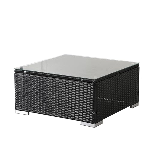 Arebos Poly-Rattan Beistelltisch | Schwarz | Wetterbeständiger Garten-Tisch | Kaffeetisch mit Einer Glasplatte | 70 x 70 x 34 cm von Arebos