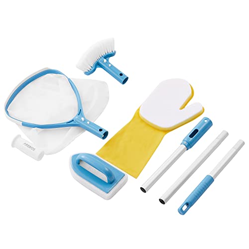 Arebos Spa Poolreinigungsset | Pool-Pflege Set 5-teilig | Pool Maintenance Kit | Whirlpool Zubehör Wartungsset Komplett mit Skimmer Kescher, Schwammbürste, Scrubberpad, Schwammhandschuh&Teleskopstange von Arebos