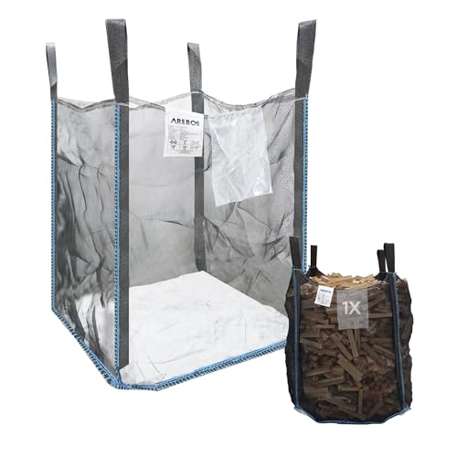 Arebos Premium Holzsack | Big Bag 100x100x120 cm | mit 4 Schlaufen und Einfüllschürze | Tragfähigkeit 1000 kg, SF 5:1, EN ISO 21898 | Sacke für Bauschutt, Holz, Gartenabfall | UV-Beständig von Arebos