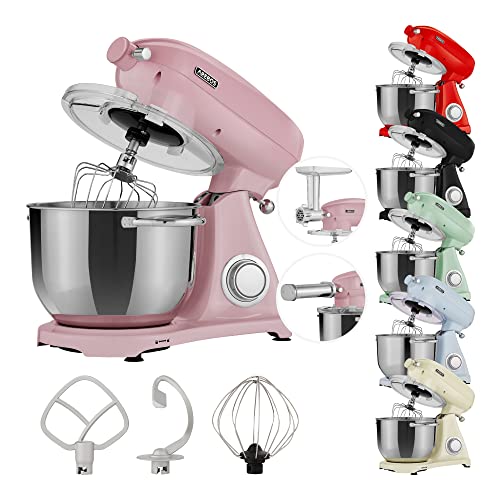 Arebos Retro Küchenmaschine 1800W Pink | Knetmaschine mit 6L Edelstahl-Rührschüssel | Geräuscharm | Küchenmixer mit Rührhaken, Knethaken, Schlagbesen und Spritzschutz | 6 Geschwindigkeiten von Arebos