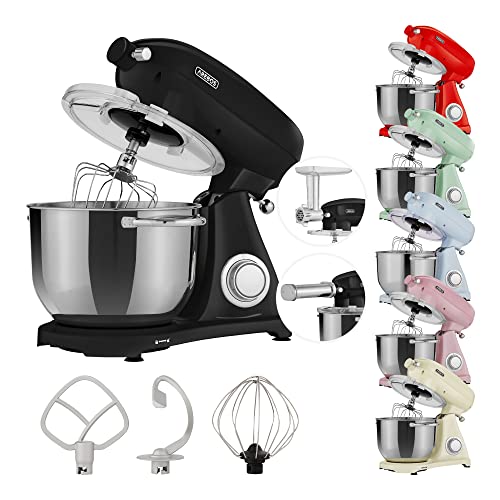 Arebos Retro Küchenmaschine 1800W Schwarz | Knetmaschine mit 6L Edelstahl-Rührschüssel | Geräuscharm | Küchenmixer mit Rührhaken, Knethaken, Schlagbesen und Spritzschutz | 6 Geschwindigkeiten von Arebos