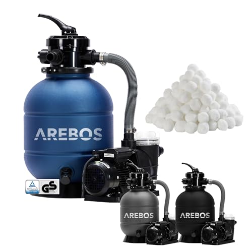 Arebos Sandfilteranlage mit Pumpe inkl. 700g Filterbälle | Blau | 400W | 10.200 L/h | Tankvolumen bis zu 20 kg Sand | 7 - Wege Ventil mit Griff | mit Druckmanometer | Poolfilter von Arebos