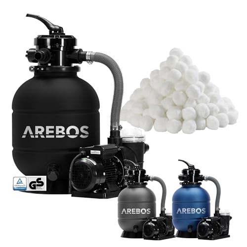 Arebos Sandfilteranlage mit Pumpe inkl. 700g Filterbälle | Schwarz | 400W | 10.200 L/h | Tankvolumen bis zu 20 kg Sand | 7 - Wege Ventil mit Griff | mit Druckmanometer | Poolfilter von Arebos