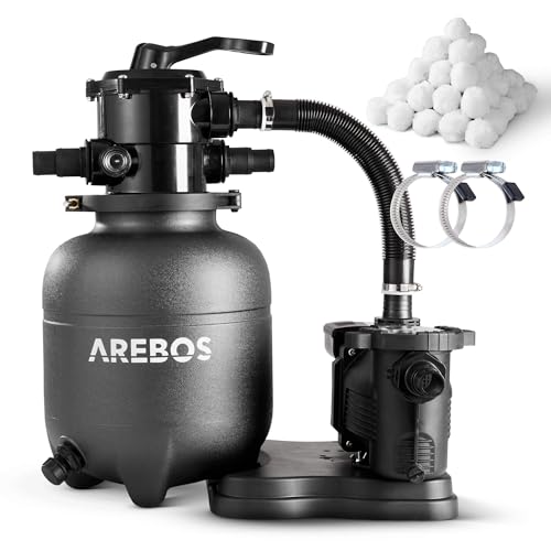 Arebos Sandfilteranlage mit Pumpe inkl. 600g Filterbälle | Schwarz | 350W | 9500 L/h | Tankvolumen bis zu 20 kg Sand | 7 - Wege Ventil mit Griff | mit Druckmanometer | Poolfilter von Arebos