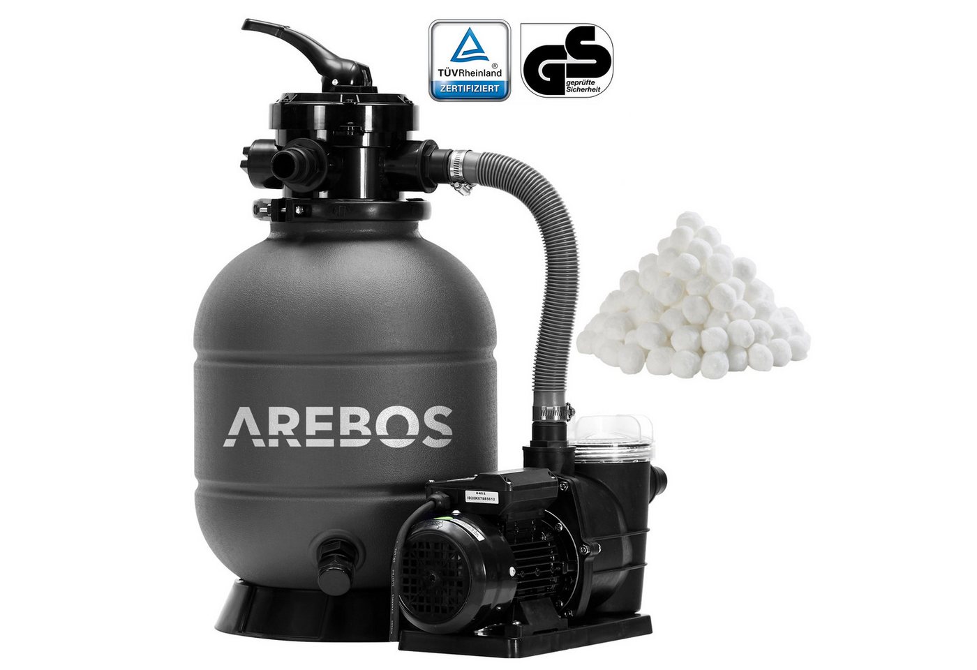 Arebos Sandfilteranlage mit Pumpe inkl.700g Filterbälle + 2m Schlauch, 400 W, 7 Wege-Ventil (Set) von Arebos