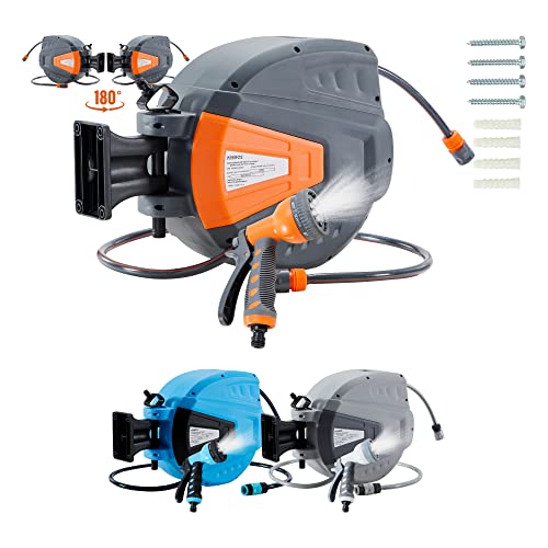 Arebos Schlauchaufroller | 15 m Schlauchtrommel | Wand-Schlauchbox mit Arretierstop & 9 Sprühunktionen |180° Schwenkbar | Inkl.Wandhalterung | Automatischer Aufrollmechanismus Gartenschlauch |Orange von Arebos