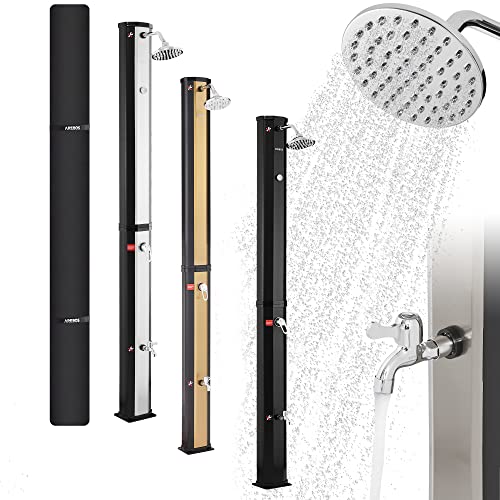 Arebos Solardusche | 35 Liter | 216 cm | mit integriertem Thermometer | inklusive Abdeckhaube | runder Duschkopf | mit Fußdusche | mit Gartenschlauch-Anschluss | inkl. Montagematerial | Silber-Schwarz von Arebos