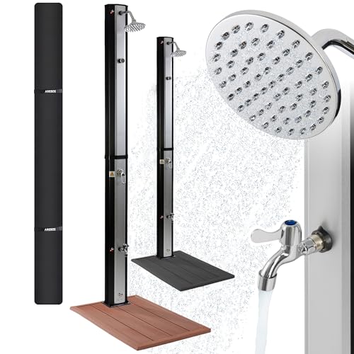 Arebos Solardusche 35L & Bodenelement Holzoptik | inklusive Abdeckhaube | mit integriertem Thermometer & Fußdusche | mit Gartenschlauch-Anschluss | Wassertemperatur bis 60°C | Silber-Schwarz von Arebos