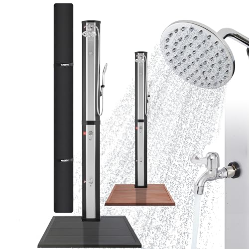Arebos Solardusche 60 L & Bodenelement Anthrazit | mit Handbrause & Thermometer bis zu 60°C Pooldusche runder Duschkopf Snap-In Technologie Inkl. Abdeckhaube I Schwarz-Silber von Arebos