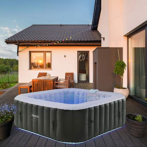 Arebos Spa Whirlpool 2400 W | automatisch aufblasbar | In- & Outdoor Spa Pool | 6 Personen | 185x185 cm | LED-Beleuchtung | 130 Massagedüsen | 910 L | Inkl. Abdeckung | Bubble Spa & Wellness Massage von Arebos