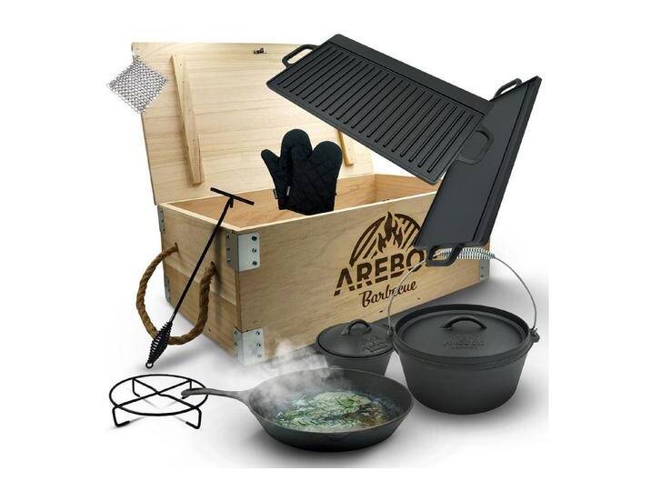Arebos Topf-Set Dutch Over BBQ Set aus Gusseisen Feuertopf Schmortopf, (Set), schwarz von Arebos