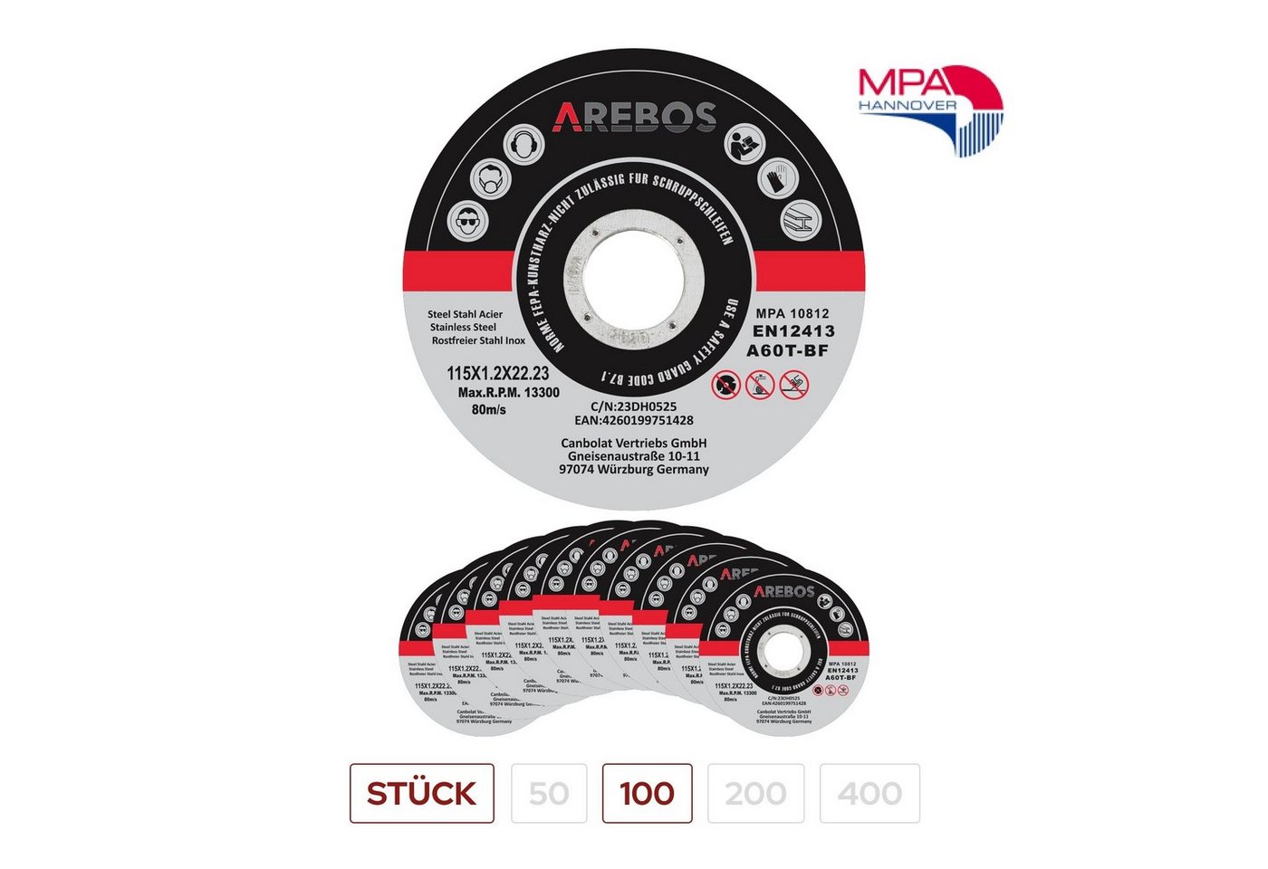 Arebos Trennscheibe Flexscheiben Schleifscheiben 1,2 mm x 22,23 mm, Ø 115 mm, (100-tlg) von Arebos