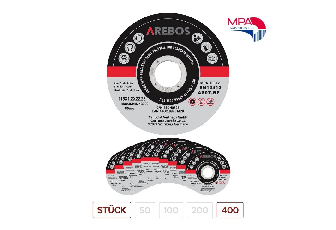 Arebos Trennscheibe Flexscheiben Schleifscheiben 1,2 mm x 22,23 mm, Ø 115 mm, (400-tlg) von Arebos